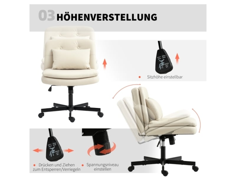  Chaise de bureau sans accoudoirs en similicuir beige, à roulettes, coussin, réglable en hauteur  - Conforama C
