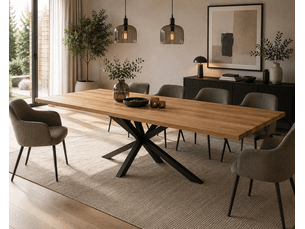 Table à manger avec bord droit coloris chêne massif naturel et pieds en métal forme croisée - longueur 200 x profondeur 100 x hauteur 76 cm
