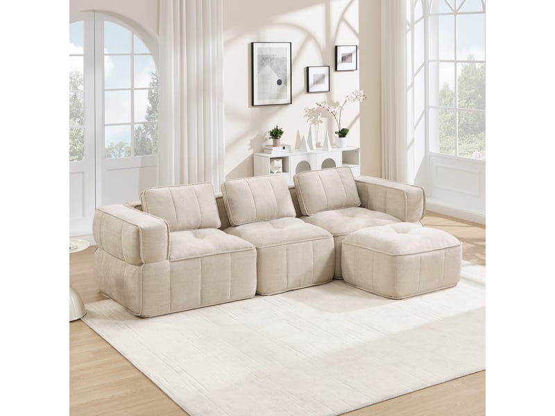  Canapé modulable, canapé 3 places, en tissu, beige, avec pouf, pour salon, mobilier pour espace de vie, adapté à l'espace de vie  - Conforama R