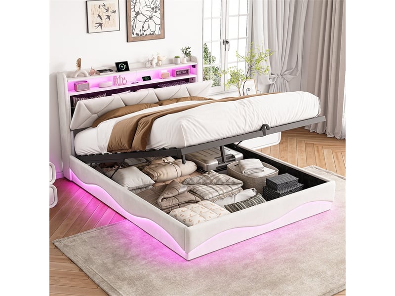  Lit 160x200cm - lit coffre 160x200cm - lit hydraulique avec tête de lit à rangement, led rgb, ports usb et type-c - beige  - Conforama B