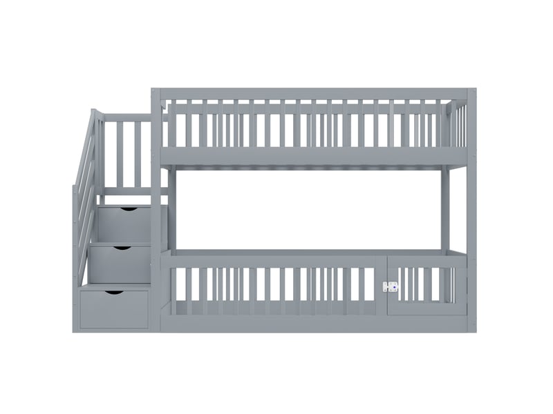  Lit superposé enfant 90x200 cm avec escalier de rangement, tiroirs, barrière de sécurité, porte ouvrante et sommier, gris  - Conforama A