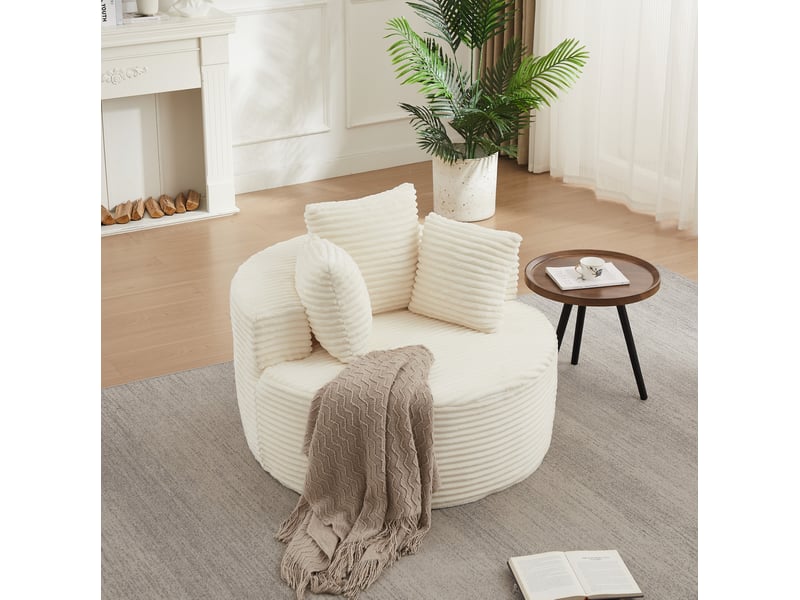  Fauteuil lounge rond 1 place en velours côtelé, ø 110 cm, beige, avec 3 coussins  - Conforama B