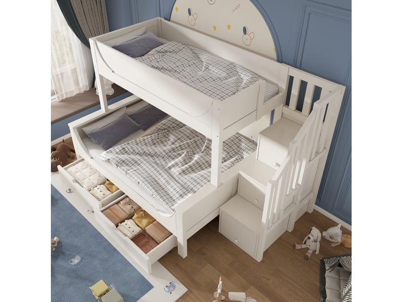  Lit superposé enfant 90 x 200 et 140 x 200 cm avec escalier de rangement, blanc  - Conforama B
