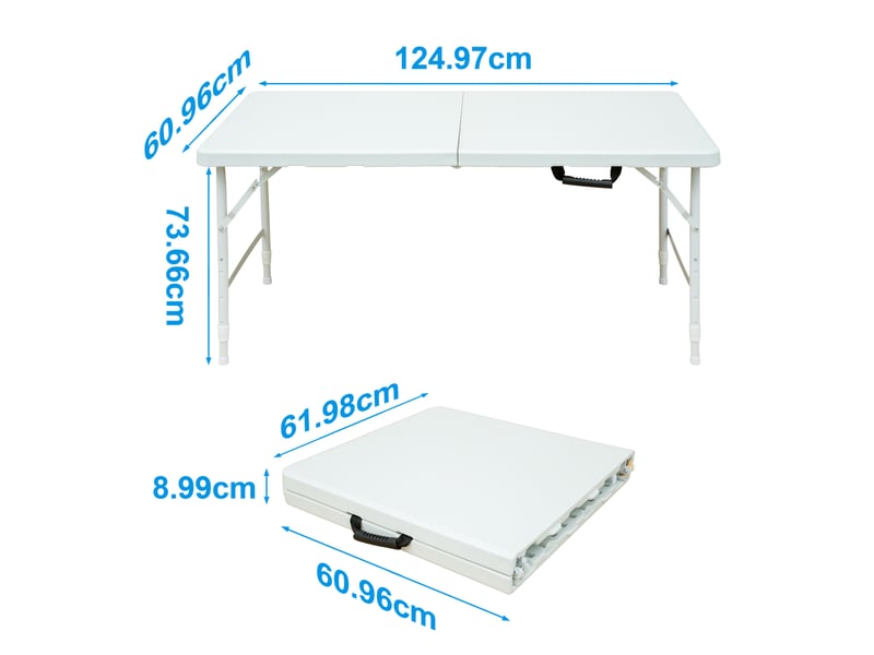  Table pliante réglable 124,97x60,96 cm hauteur 58–73,66 cm pliable plateau plastique haute densité piètement acier blanc  - Conforama C