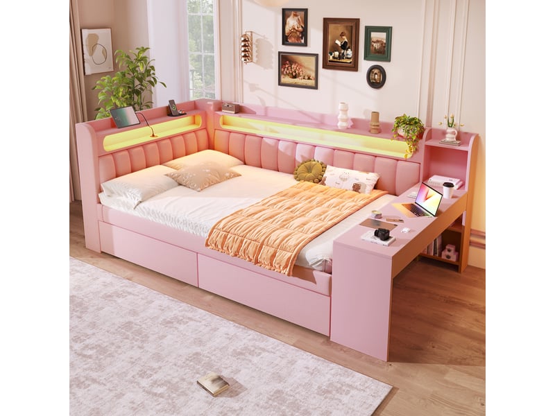  Lit plateforme 140x200 cm avec bureau, 2 tiroirs, led 7 couleurs, ports usb, tissu lin rose, sans matelas  - Conforama R