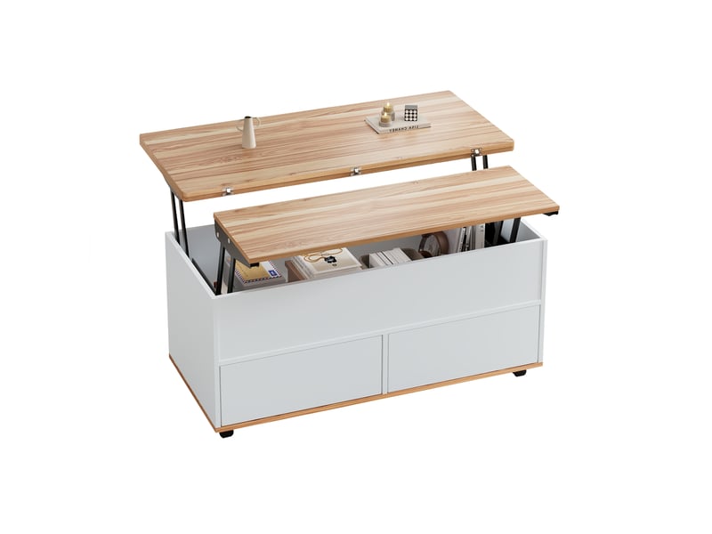  Table basse relevable avec rangement caché, blanc et bois naturel, 100 x 98 x 65 cm, à roulettes et tiroirs  - Conforama E