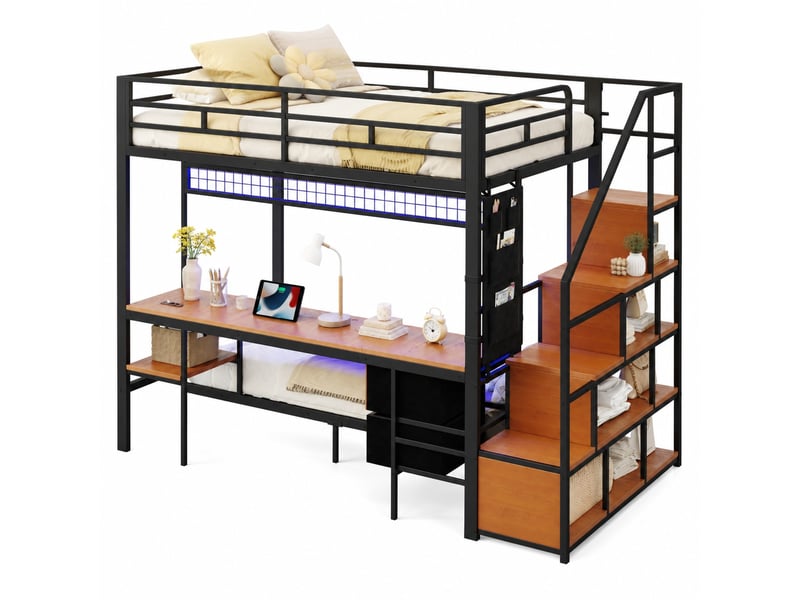  Lit mezzanine en métal 140x200 cm avec bureau led, couchage 90x200 et rangements  - Conforama A