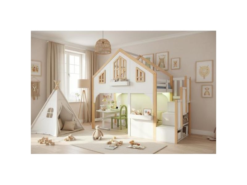 Lit cabane 90x200 cm bois blanc et naturel avec led, escalier de rangement, forme fenêtre - Conforama E