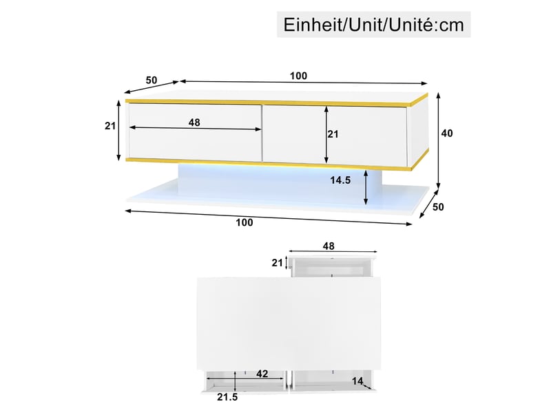  Table basse blanc, 3 tiroirs, rangement, éclairage led, design moderne, structure robuste - panneaux de particules - 100x50x40cm  - Conforama E