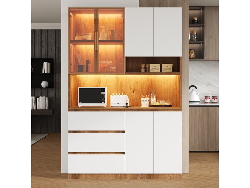  Buffet de cuisine grand vaisselier 120.5x40x180 cm – avec éclairage led multicolore, niche micro-ondes et vitrine - mdf - blanc et bois naturel  - Conforama B