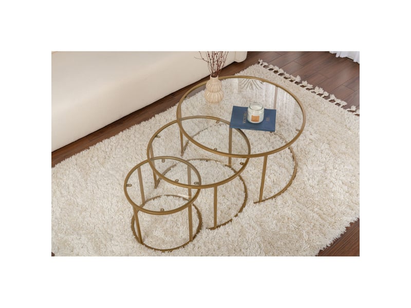  Tables basses gigognes en verre trempé et métal doré et transparent ø80, ø60 et ø42 cm lot de 3  - Conforama E