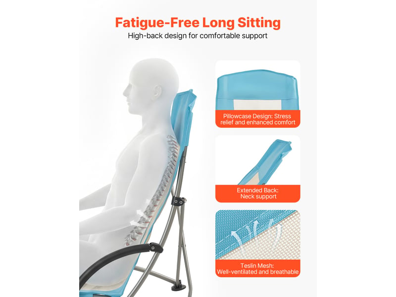 Vevor chaise de camping pliante et portable, fauteuil pliable camping a dossier haut, pour pique-nique randonnee peche en plein air, charge 150 kg, avec porte-gobelet et sac de transport, bleu  - Conforama C