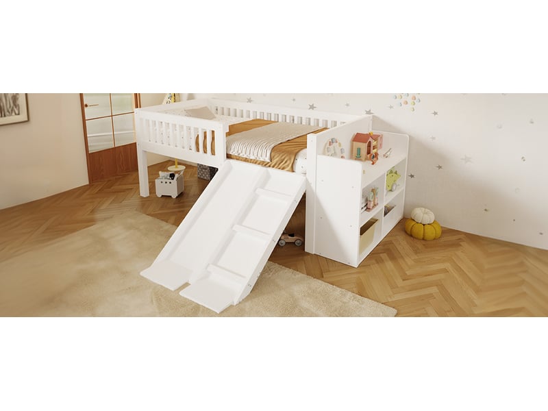 Lit enfant surélevé 90 × 200 cm, toboggan et rangements, blanc  - Conforama B