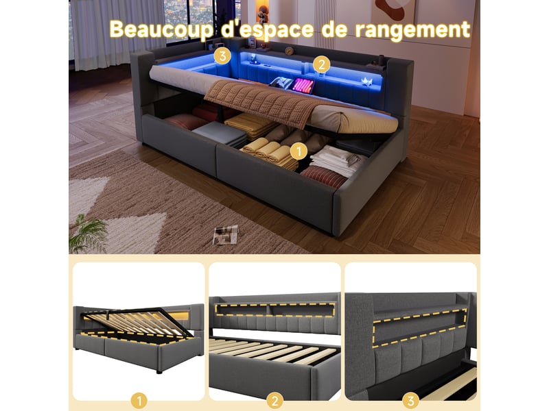 Lit coffre hydraulique 90x200 cm avec led et usb-c, tissu lin gris, structure mdf, sans matelas - Conforama R