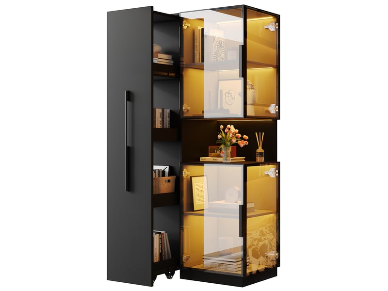  Vitrine haute avec étagères latérales coulissantes et led multicolores pour salon en mdf et verre noir 70 × 38 × 160 cm  - Conforama A
