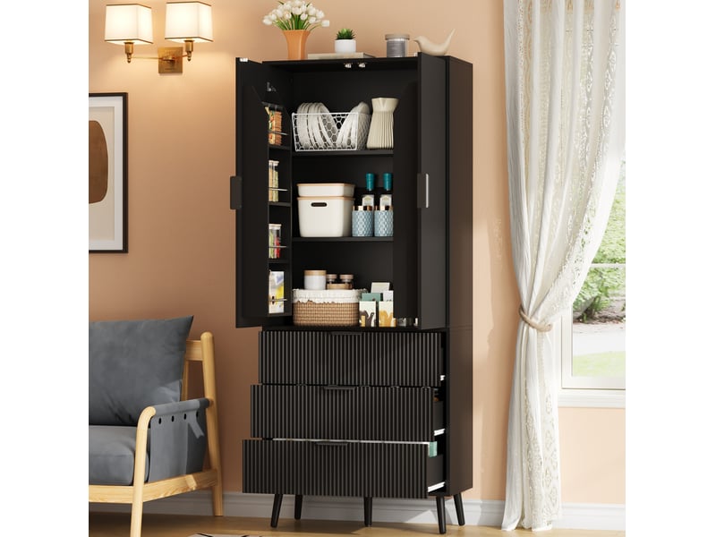  Armoire de cuisine haute 75x35x180 cm, 2 portes et 3 tiroirs, noir  - Conforama B
