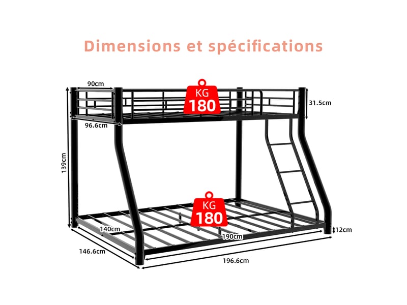  Lit superposé en métal 90×140 et 140×190 cm, échelle, garde-corps continu, pour jeune et adulte, pour chambre enfant  - Conforama C