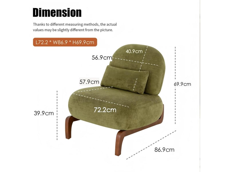  Fauteuil d'appoint sans accoudoirs  72,1x86,9x69,9 cm, coussin moelleux, velours, pieds en bois, vert  - Conforama C