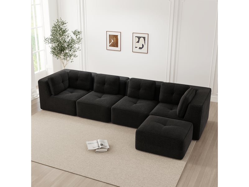  Canapé d'angle modulable sans cadre avec assise profonde et coussins moelleux en velours côtelé noir  - Conforama D