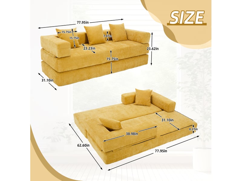 Canapé modulable 2 places 198x79x60 cm, avec poches latérales de stockage, chenille, jaune moutarde - Conforama C