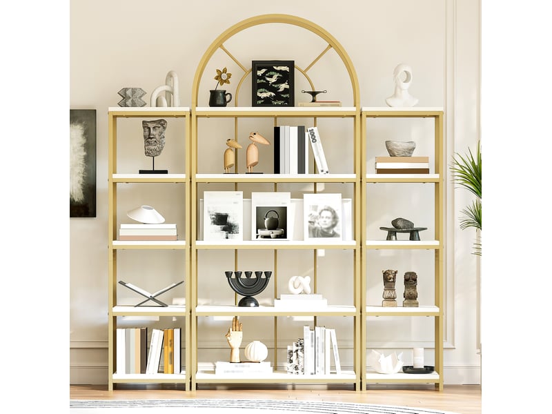  Bibliothèque modulaire haute 163x30x184 cm, anti-basculement, pour salon, cuisine et bureau, mdf, métal, doré et blanc  - Conforama B
