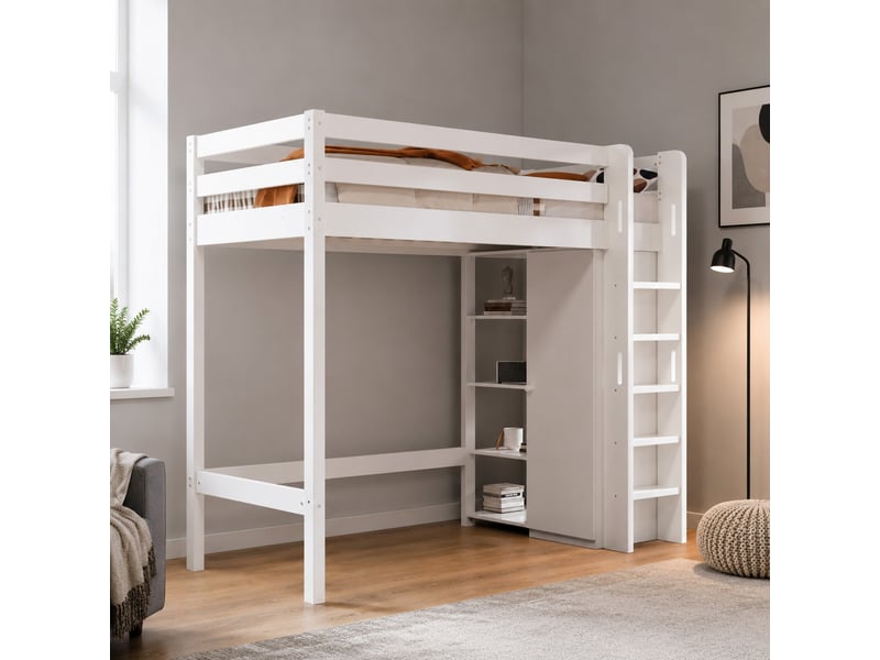  Lit mezzanine enfant 90 x 200 cm blanc avec armoire et 6 étagères  - Conforama B