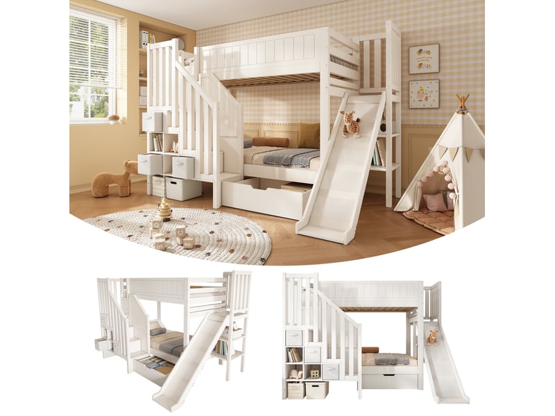  Lit superposé enfant 90x200 cm, lit double, toboggan et rangement, tiroir, style moderne, bois, blanc, sans matelas  - Conforama E