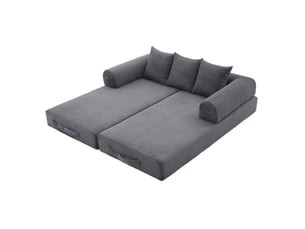 Canapé modulaire 3 places à configuration libre avec poches latérales et 3 coussins en velours côtelé gris foncé