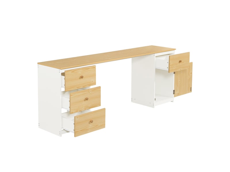  Lit mezzanine enfant 90x200 cm - avec bureau et tiroirs - escalier de rangement - bois massif + mdf - blanc + naturel (sans matelas)  - Conforama W