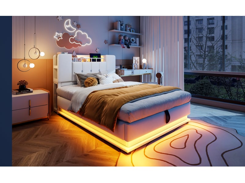  Lit enfant capitonné 90x200 cm beige velours avec éclairage led port usb et coffre hydraulique cadre métallique Sol Morn - Conforama D