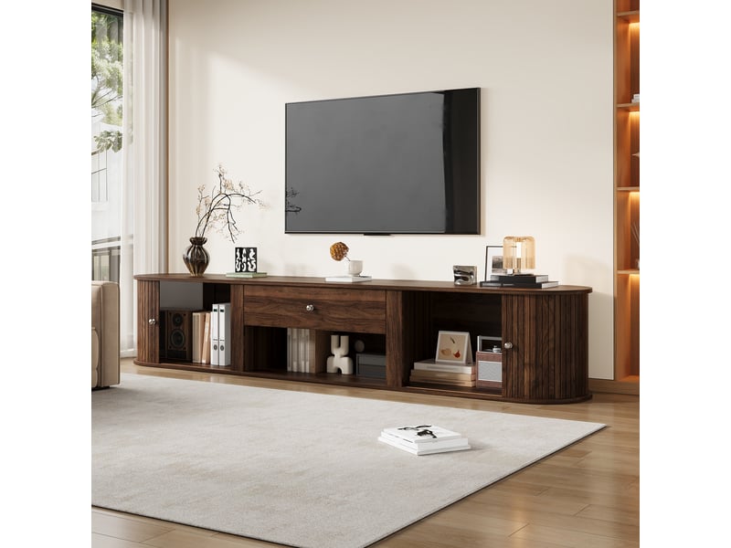 Meuble tv 180 cm pour écran jusqu’à 75 pouces, 2 portes à rideau rainurées, 1 tiroir, niche ouverte, coins arrondis, grand rangement, effet noyer - Conforama C