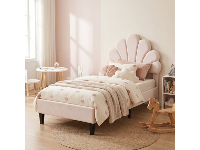  Lit simple 90x200, lit enfant capitonné princesse avec tête de lit coquillage réglable en hauteur, style moderne, beige  - Conforama B