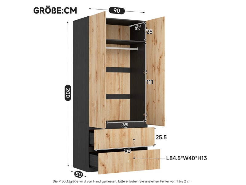  Armoire penderie tcqpz 90 x 50 x 200 cm 2 portes 2 tiroirs mdf et panneaux de particules décor bois  - Conforama C