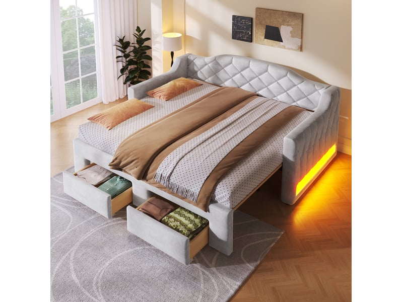  Modenvie lit gigogne 90x200 cm - extensible 180x200, 2 tiroirs, led 7 couleurs - usage quotidien - gris  - Conforama E