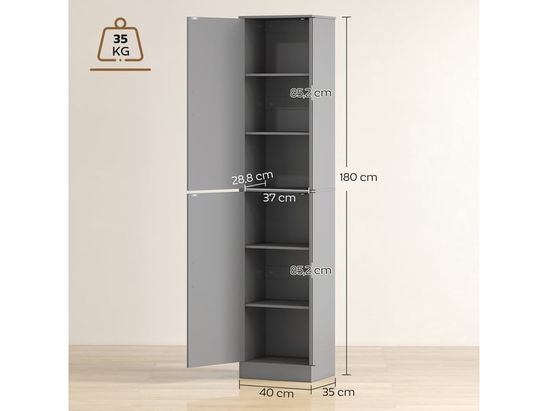  Meuble de salle de bain à 2 portes et 4 étagères réglables, 40 x 35 x 180 cm, gris  - Conforama E
