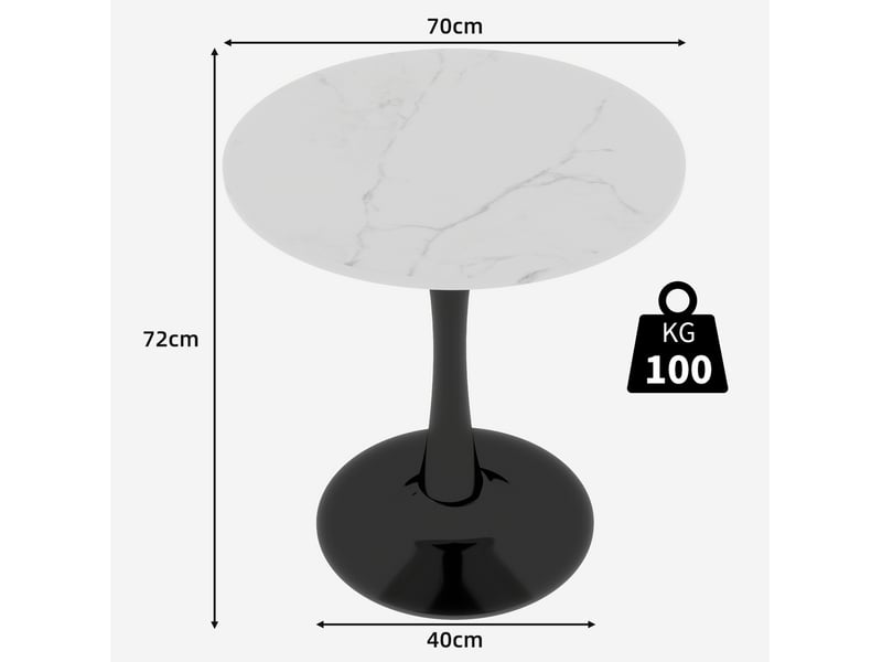  Table à manger ronde 70 cm effet marbre blanc, piètement noir, 2 à 4 personnes  - Conforama C