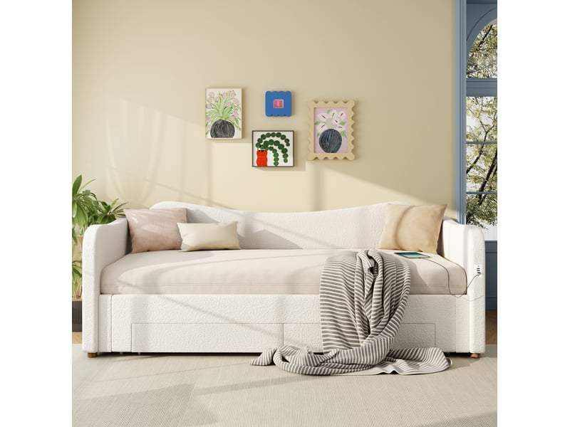 Lit banquette simple 90×200 cm avec 2 tiroirs, usb, type-c et extensible 180×200 cm, sans matelas, beige - Conforama D