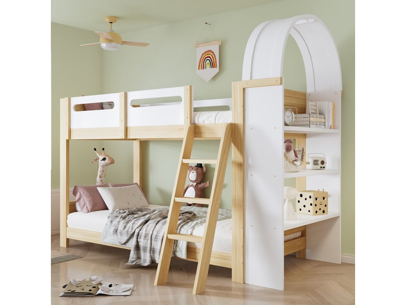 Lit superposé enfant 90x200 cm, rangement 3 niveaux, échelle 3 marches, barrières, pin et mdf, blanc et naturel, sans matelas - Conforama D