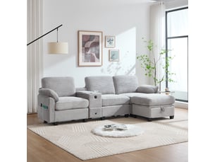Canapé 3 places gris clair en velours côtelé avec usb-c 266 cm et ottomane de rangement mobile
