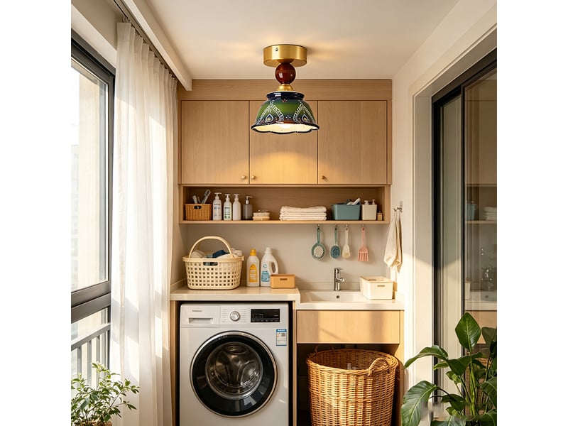  Plafonnier en céramique vert forêt, style bohème rétro, abat-jour floral, e27, sans ampoule  - Conforama B