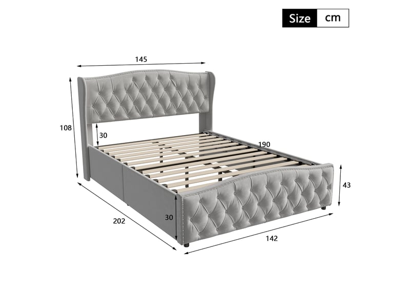  Lit coffre 140x190cm - lit double 140x190 avec tête de lit capitonnée vague, rivets, coffre &amp; velours - gris  - Conforama E