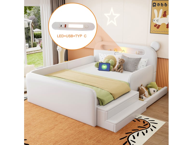  Lit enfant 140 × 200 cm 2 places avec rangement, usb, veilleuse et assise, sans matelas, en similicuir blanc  - Conforama E