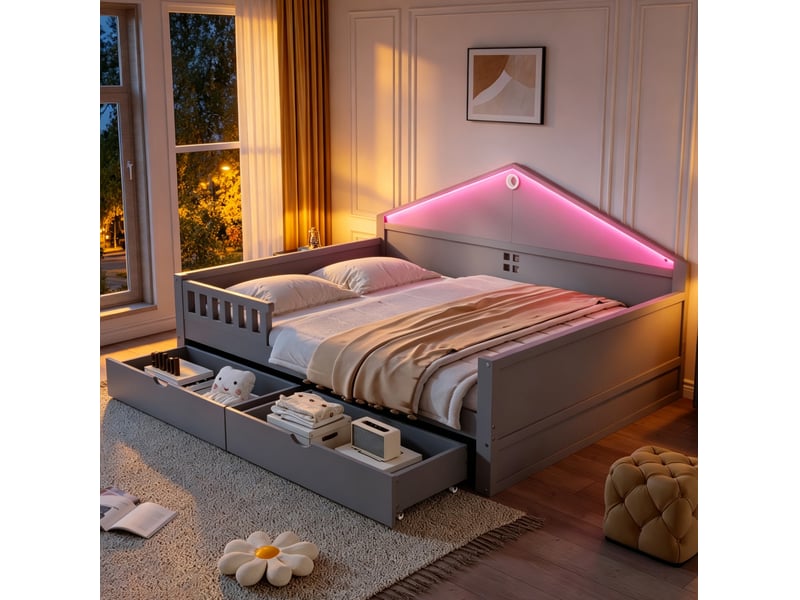 Lit enfant 140x200 cm avec sommier, led contrôlée par smartphone et 2 tiroirs gris - Conforama D