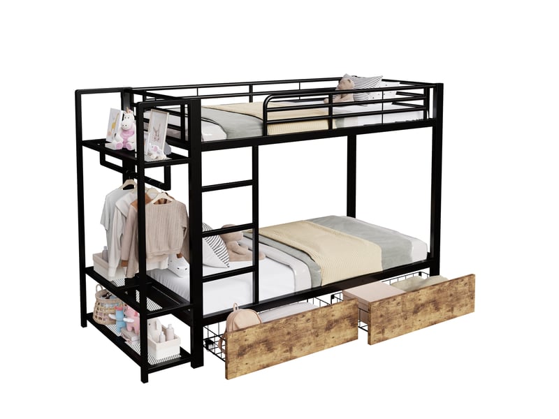 Lit superposé enfant 90 x 200 cm avec led, rangements et 2 tiroirs, noir - Conforama A