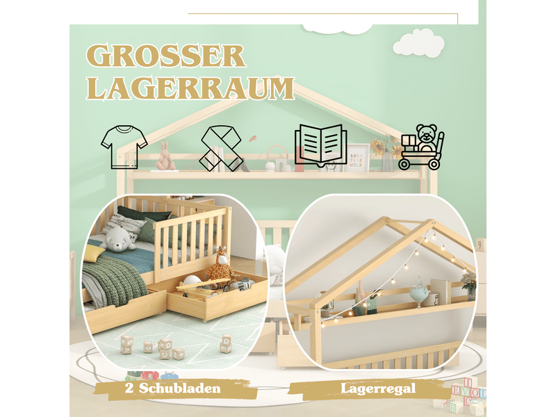  Lit cabane enfant 90x200 avec étagère, lit enfant avec tiroirs pratiques, lit enfant couleur bois naturel en pin massif, 150kg  - Conforama E
