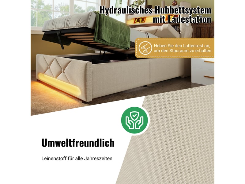  Lit coffre, lit double 160x200 cm, rangement hydraulique, tête de lit avec rangement, led 360°, usbusb-c, lin beige, matelas inclus  - Conforama R