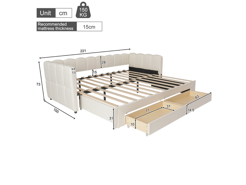  Lit banquette extensible 90 à 180 x 200 cm avec 2 tiroirs de rangement et port usb, lin beige Bliss Lite - Conforama C