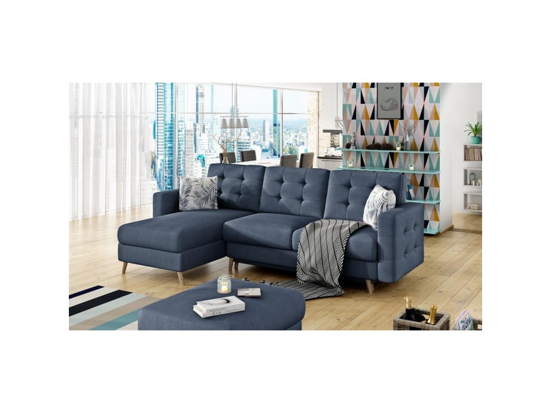  Canapé d'angle convertible hasgard 3 places bleu foncé 248x162 cm – coffre et pieds bois  - Conforama D