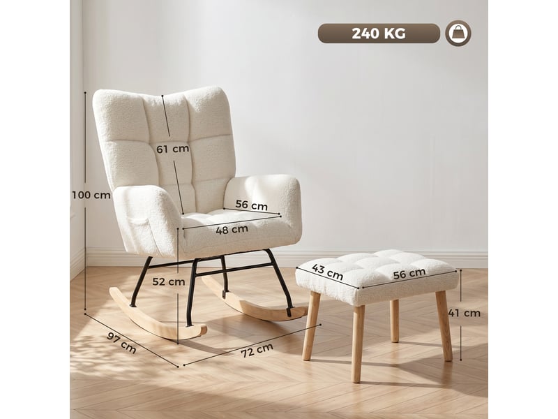 Fauteuil à bascule avec repose-pieds en tissu bouclé crème 97 x 72 x 100 cm  - Conforama C