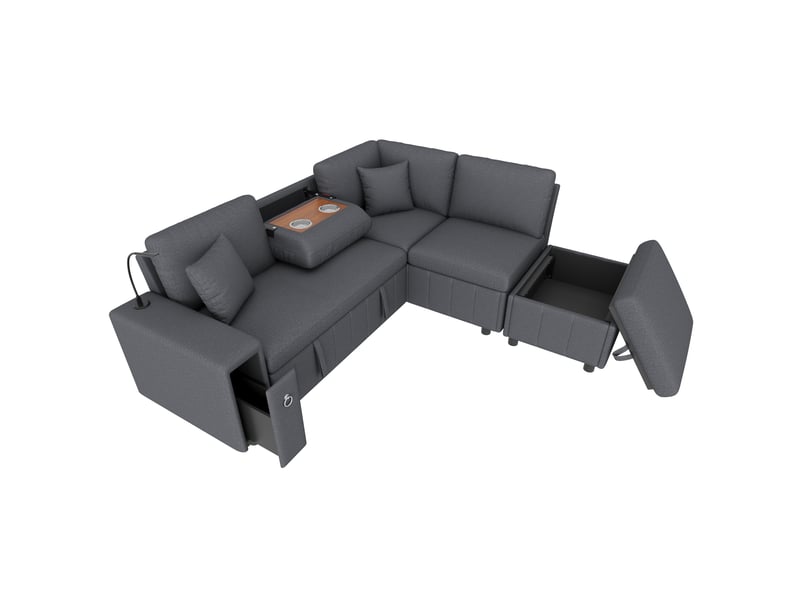  Canapé d’angle convertible l 213 x 184 x 88 cm avec fonction couchage, pouf coffre, table d’appoint rabattable, lampe de lecture led, usbtype-c, tissu chenille - gris  - Conforama A